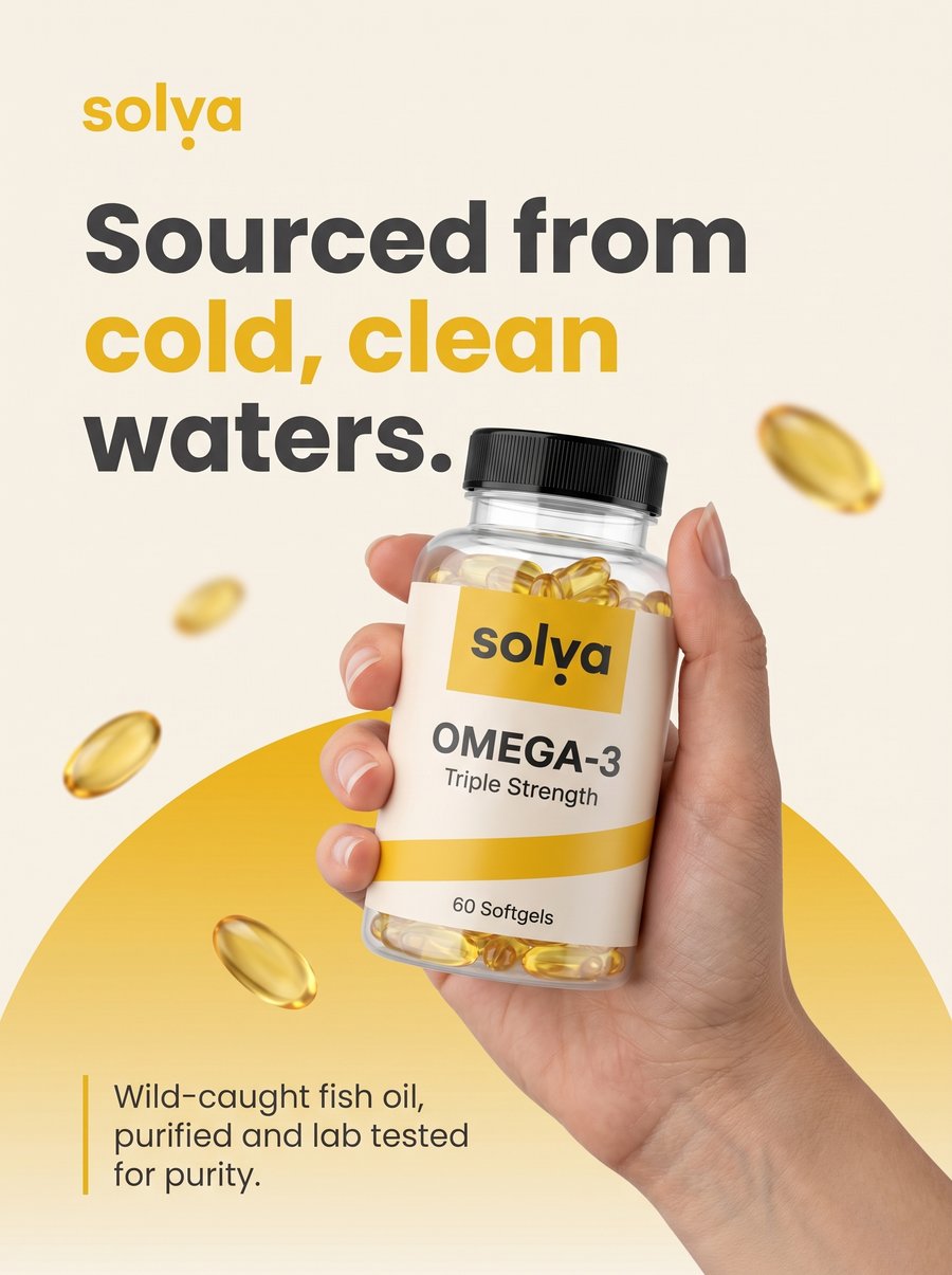 solva OMEGA-3 triple strength supplement bottle held in hand