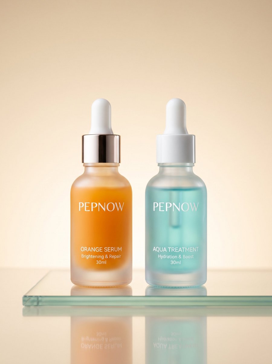 PEPNOW orange serum and aqua treatment bottles
