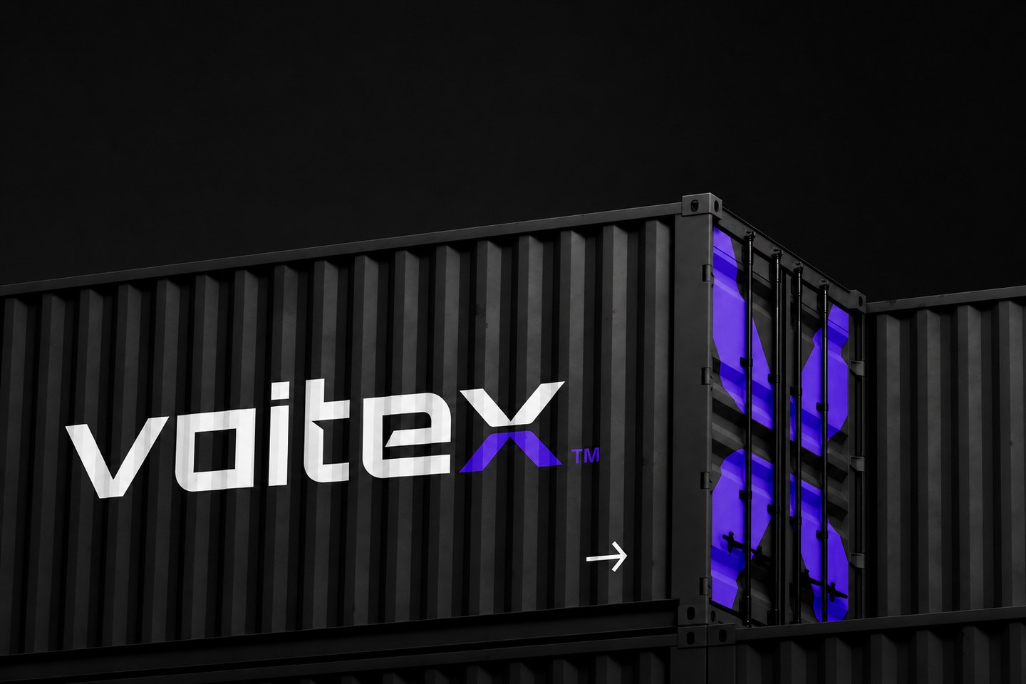 Voitex logo branding on a black shipping container — a bold brand concept direction
