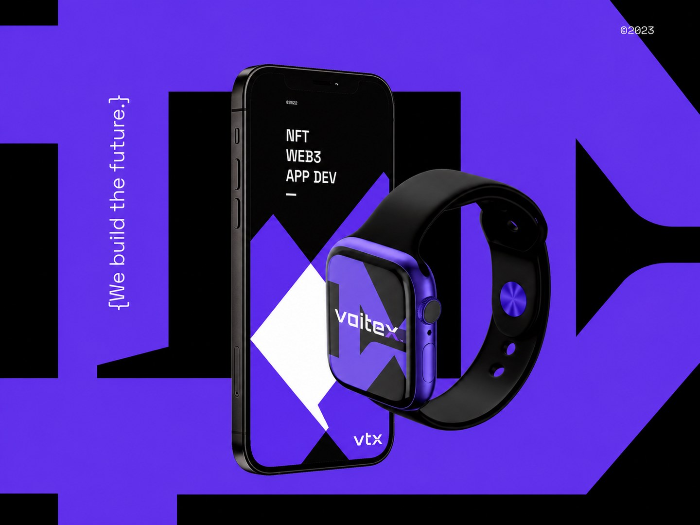 Voitex full identity system across a smartphone and smartwatch — NFT, Web3 and app development branding