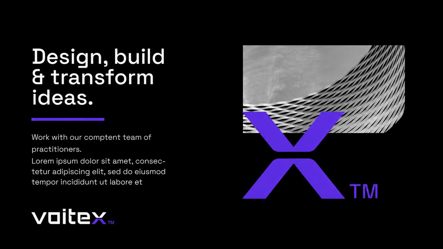 Voitex brand guidelines page — 'Design, build & transform ideas.' with the X logo mark