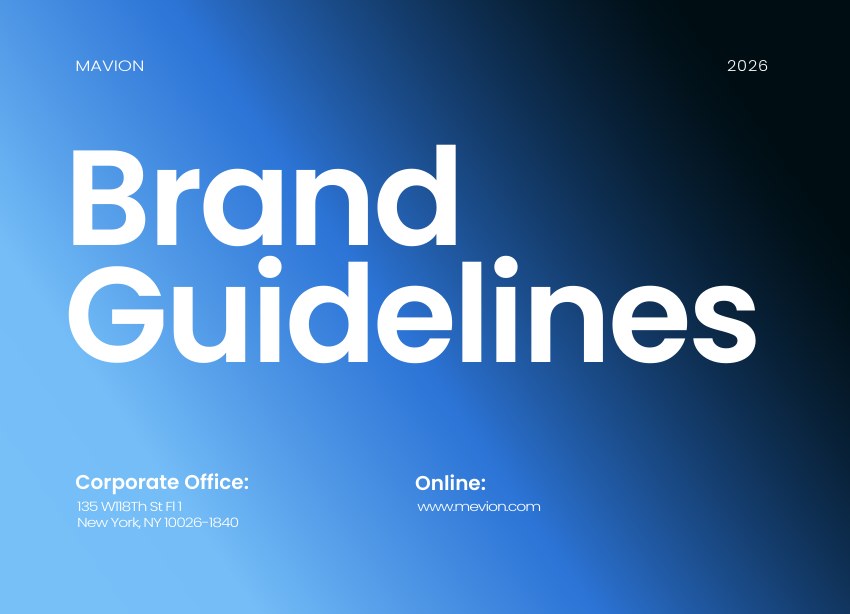 Mavion Brand Guidelines cover 2026 — blue cover with Brand Guidelines title