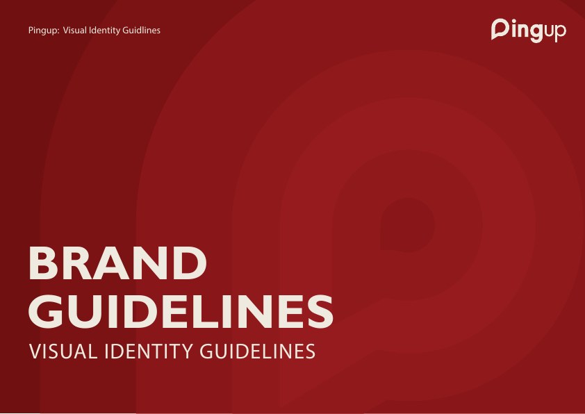 Pingup Brand Guidelines cover — red cover with BRAND GUIDELINES Visual Identity Guidelines and Pingup logo